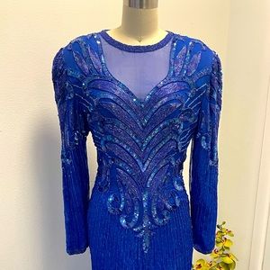 Laurence Kazar Royal Blue - Long Sleeved - Long Skirt - Beaded Dress